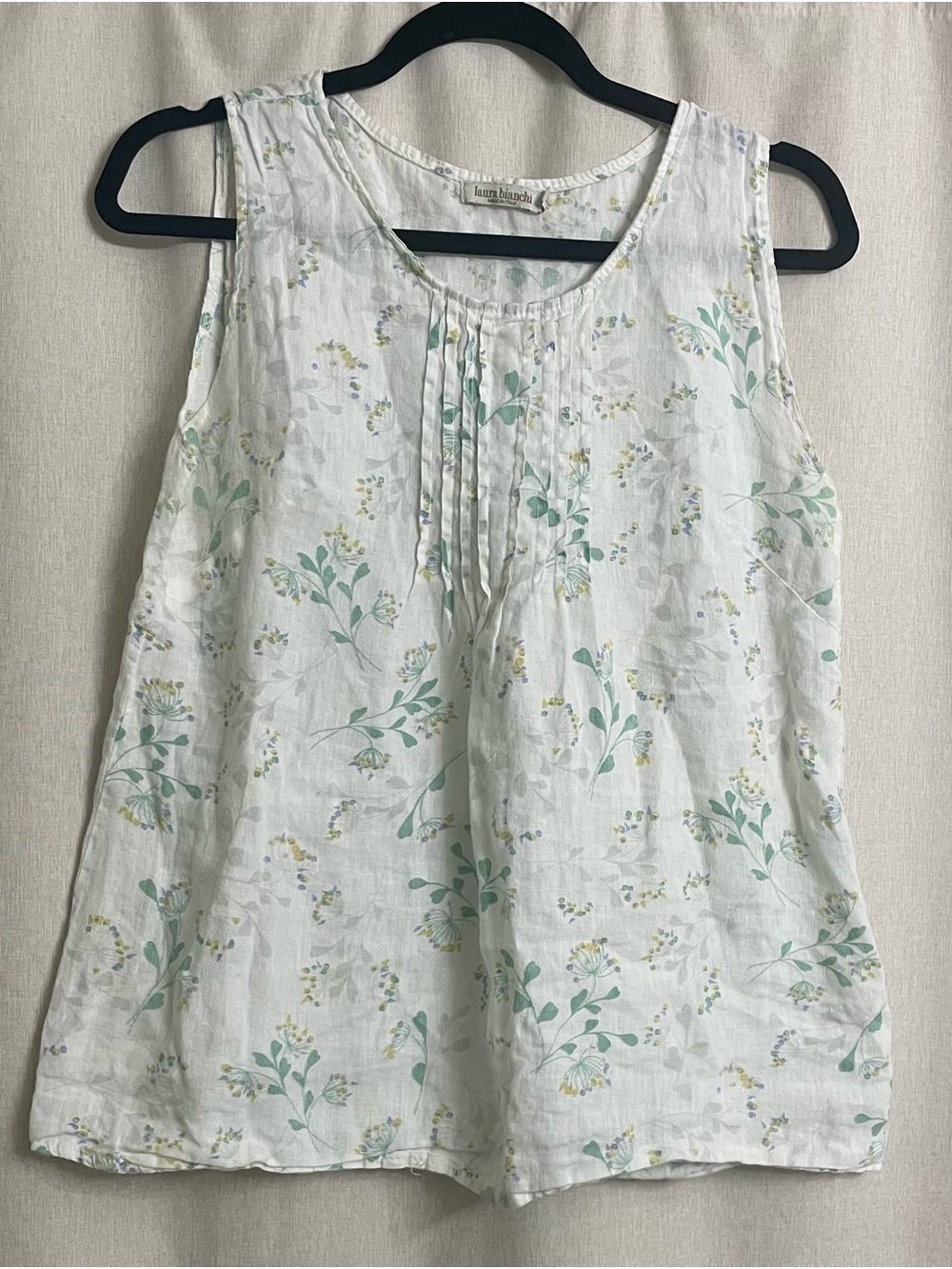 Laura Bianchi Italy Linen Floral Sleeveless Tank Top White Blue Size M